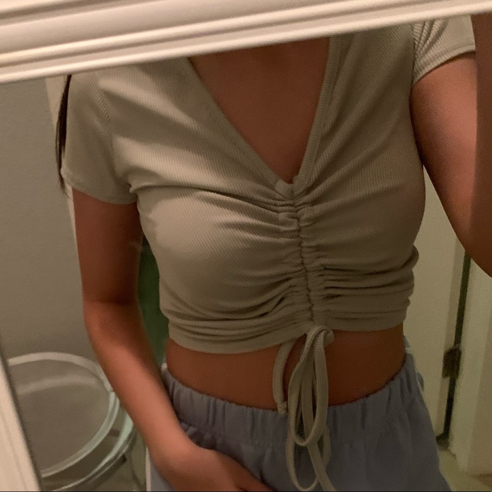 BooHoo ribbed ruched top in Sage